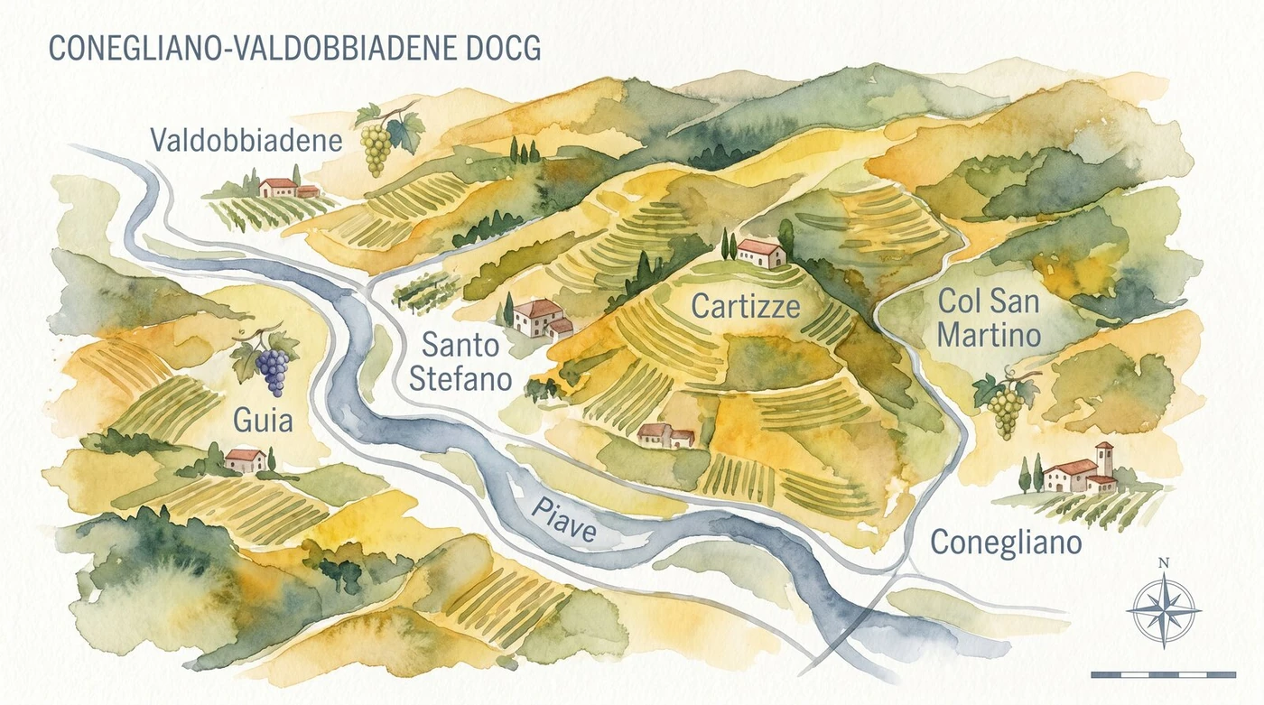 Ilustračná mapa oblasti Conegliano Valdobbiadene s vyznačením Rive a Cartizze