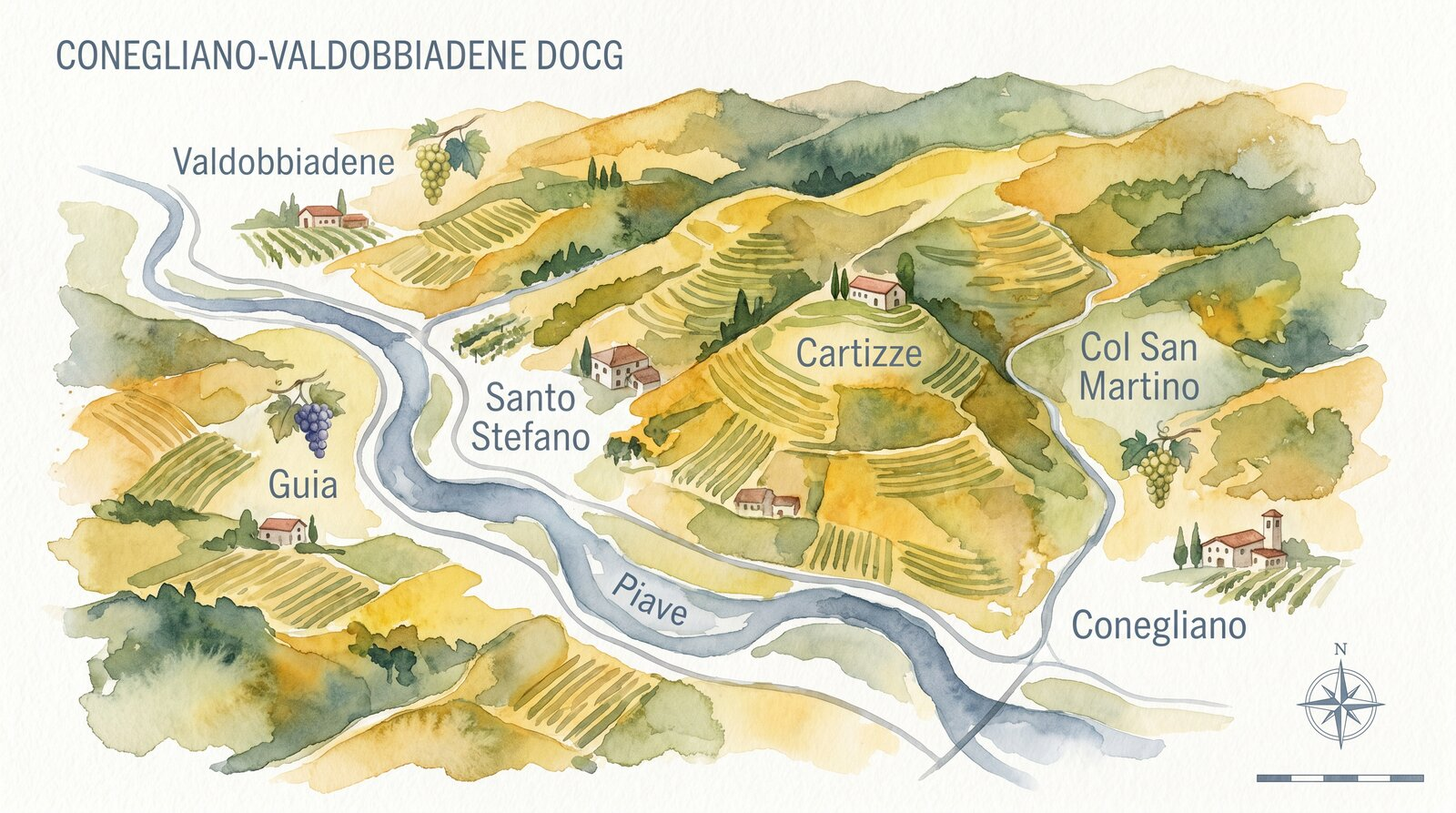 Mapa oblasti Conegliano-Valdobbiadene s vyznačenými kľúčovými lokalitami