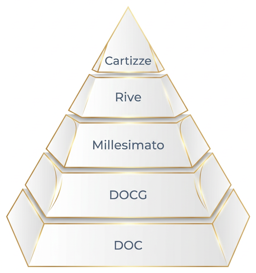 Pyramída kvality prosecca - DOC, DOCG, Millesimato, Rive, Cartizze